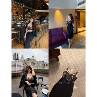 胖婷大码定制胖mm「黑金冷都女」蕾丝吊带包臀裙气质修身连衣裙女