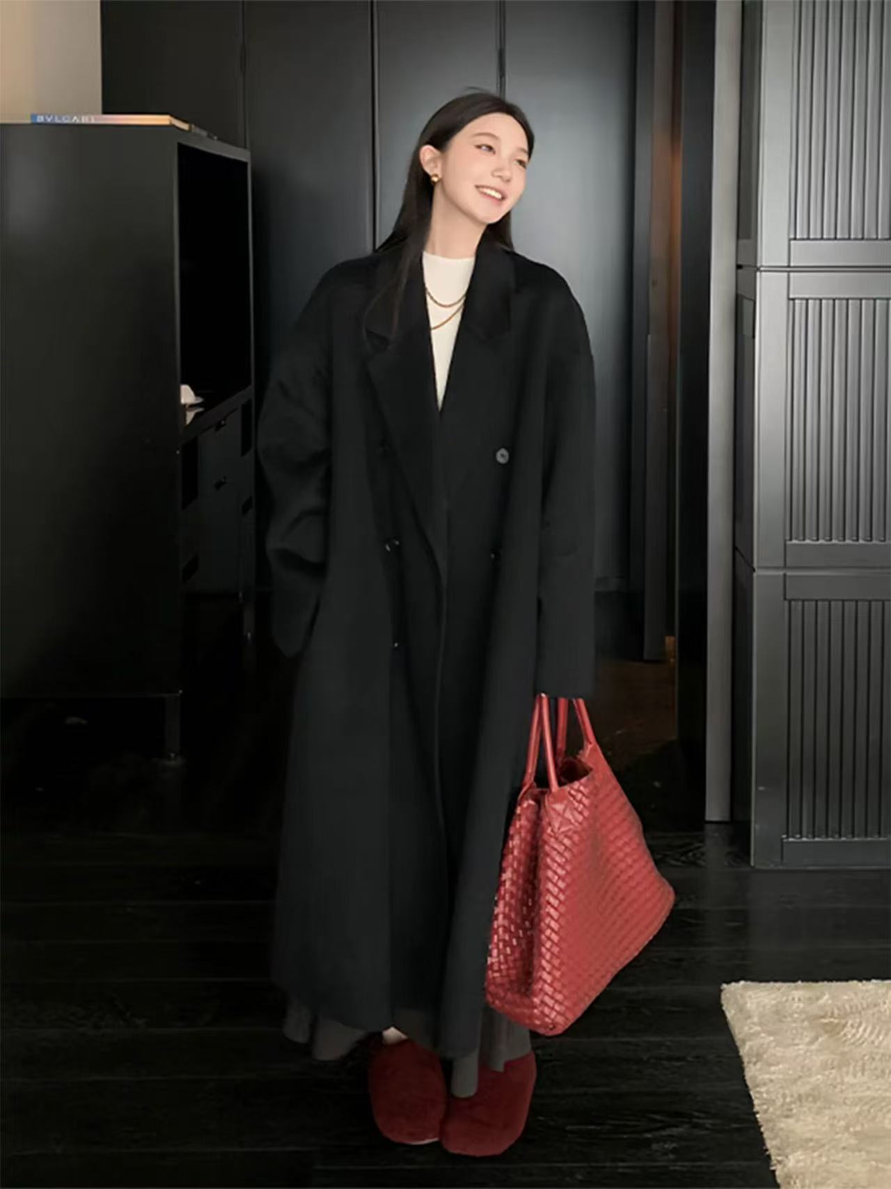 thumbnail for Black wool reversible coat women's winter new slouchy style temperament midi double-breasted silhouette wool tweed jacket