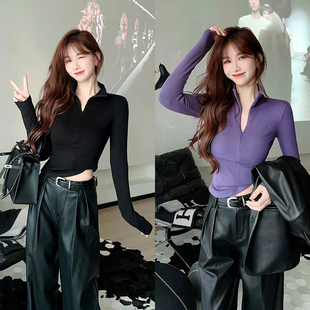 卡卡女装官方正品秋冬新款欧美休闲感修身百搭拉链立领上衣T恤女