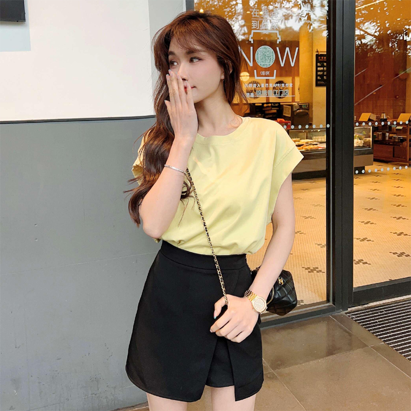 落肩薄遮麒麟臂纯棉宽松短袖