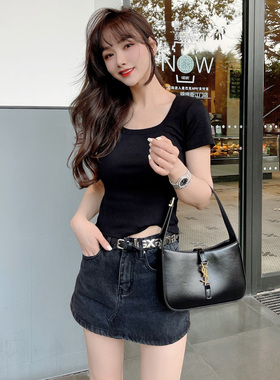 卡卡官方正品夏季韩版修身U领防走光短袖T恤打底锁骨纯色上衣女装