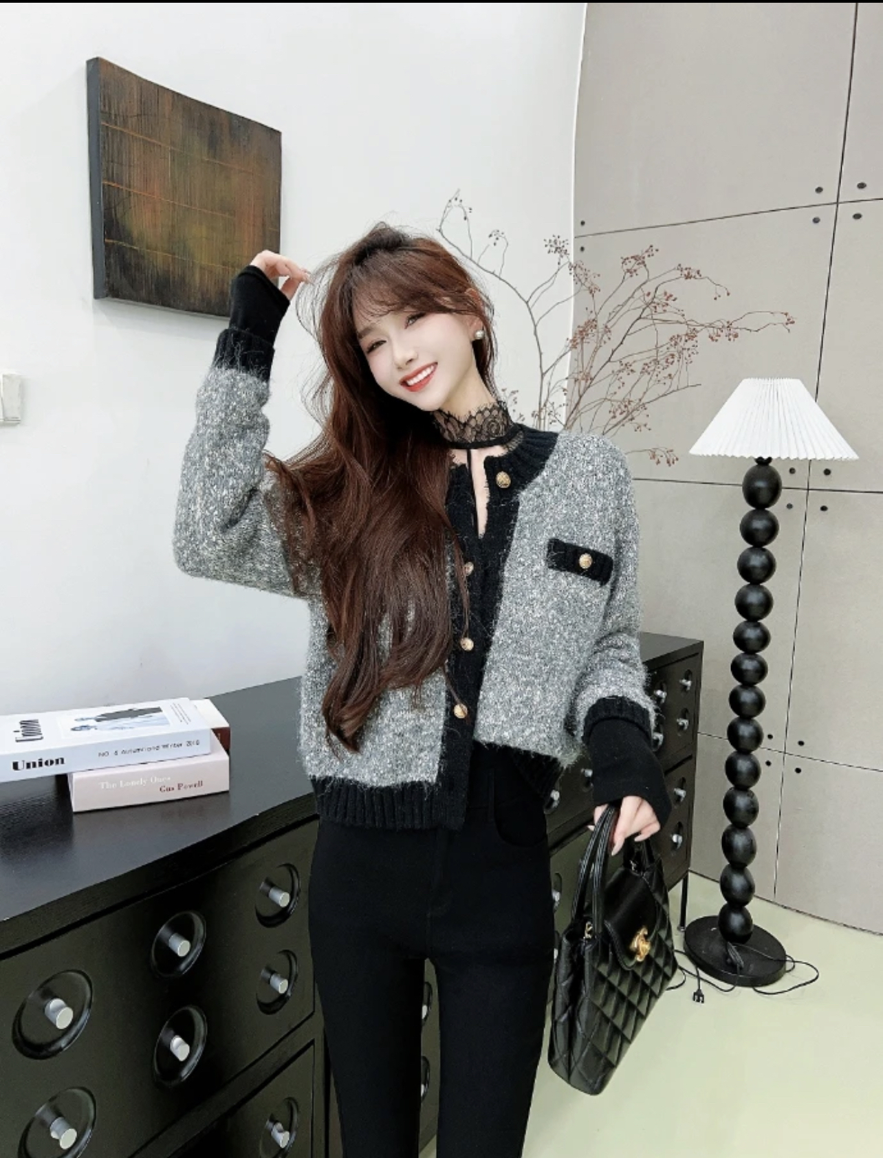 慵懒韩系拼色纽扣软糯小香风毛衣