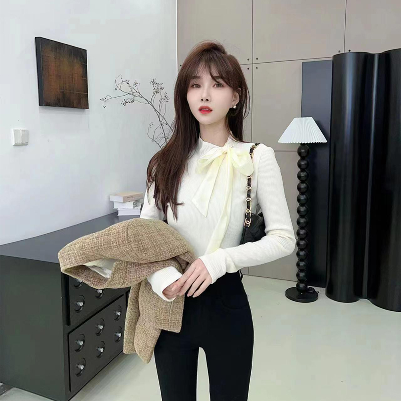 卡卡蝴蝶结针织绑带上衣修身显瘦