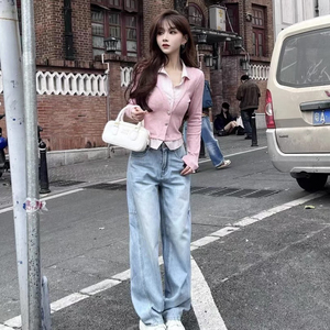 JUSTCC卡卡女装官方正品早春新款假两件气质衬衫拼接针织开衫上衣