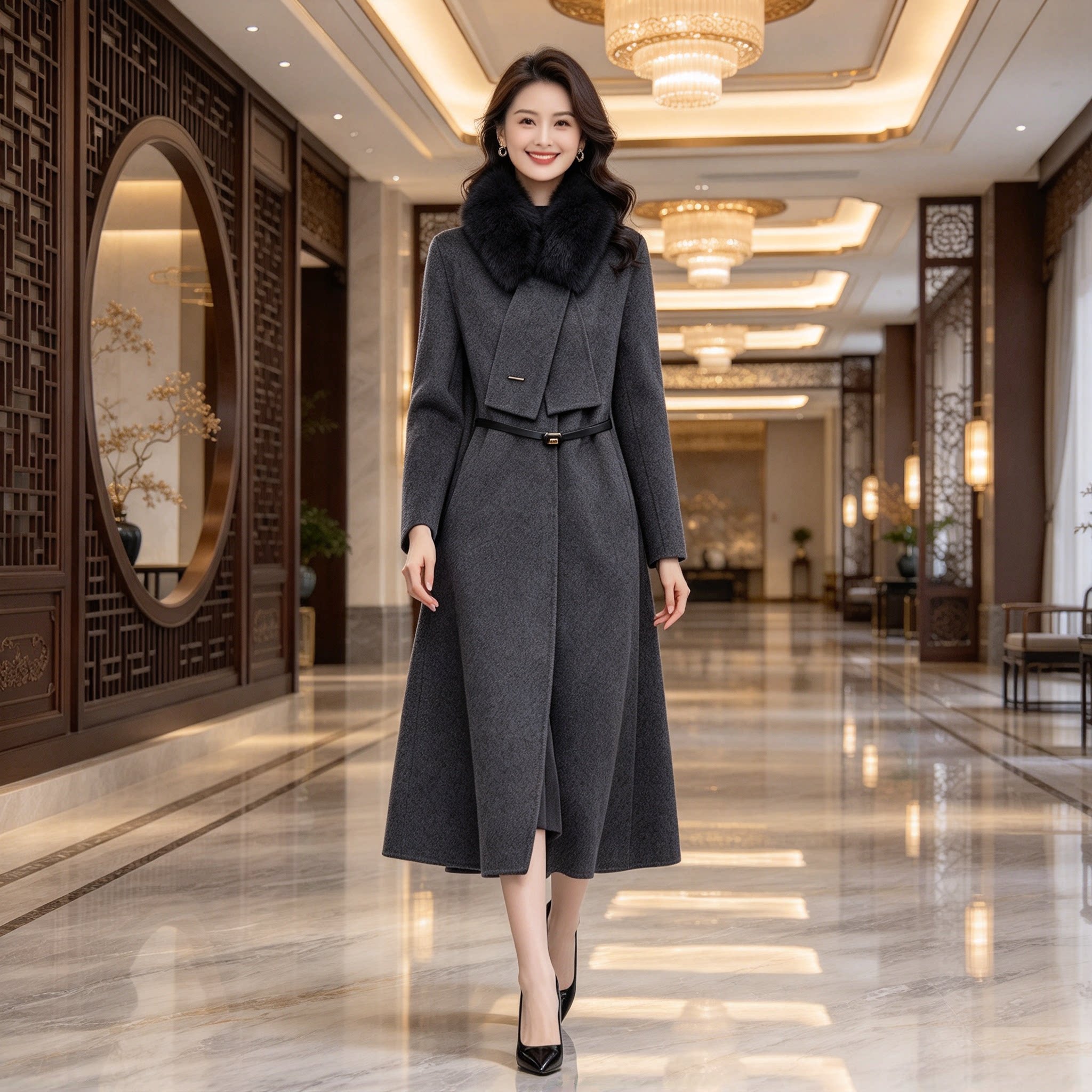 香薇姿赫本风狐狸毛领毛呢大衣女