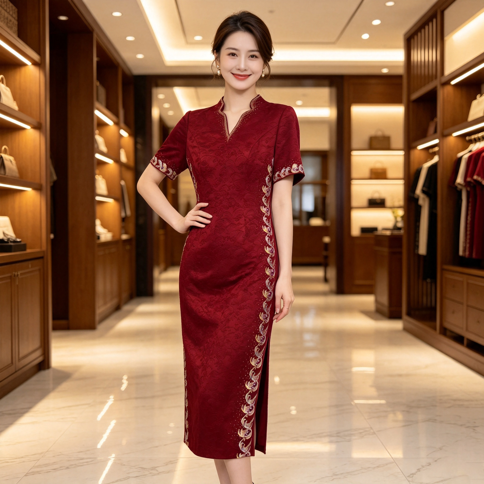 新中式刺绣V领秋季婚宴妈妈礼服图片