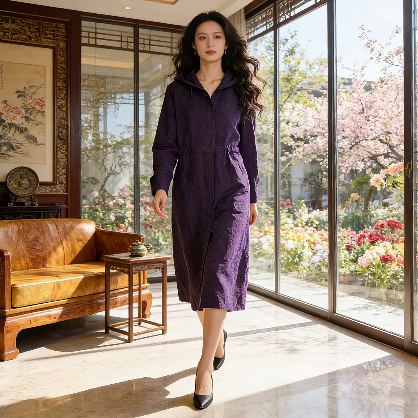 香云纱连帽风衣轻熟简约风女中长款紫色外套高级感长袖气质款春装
