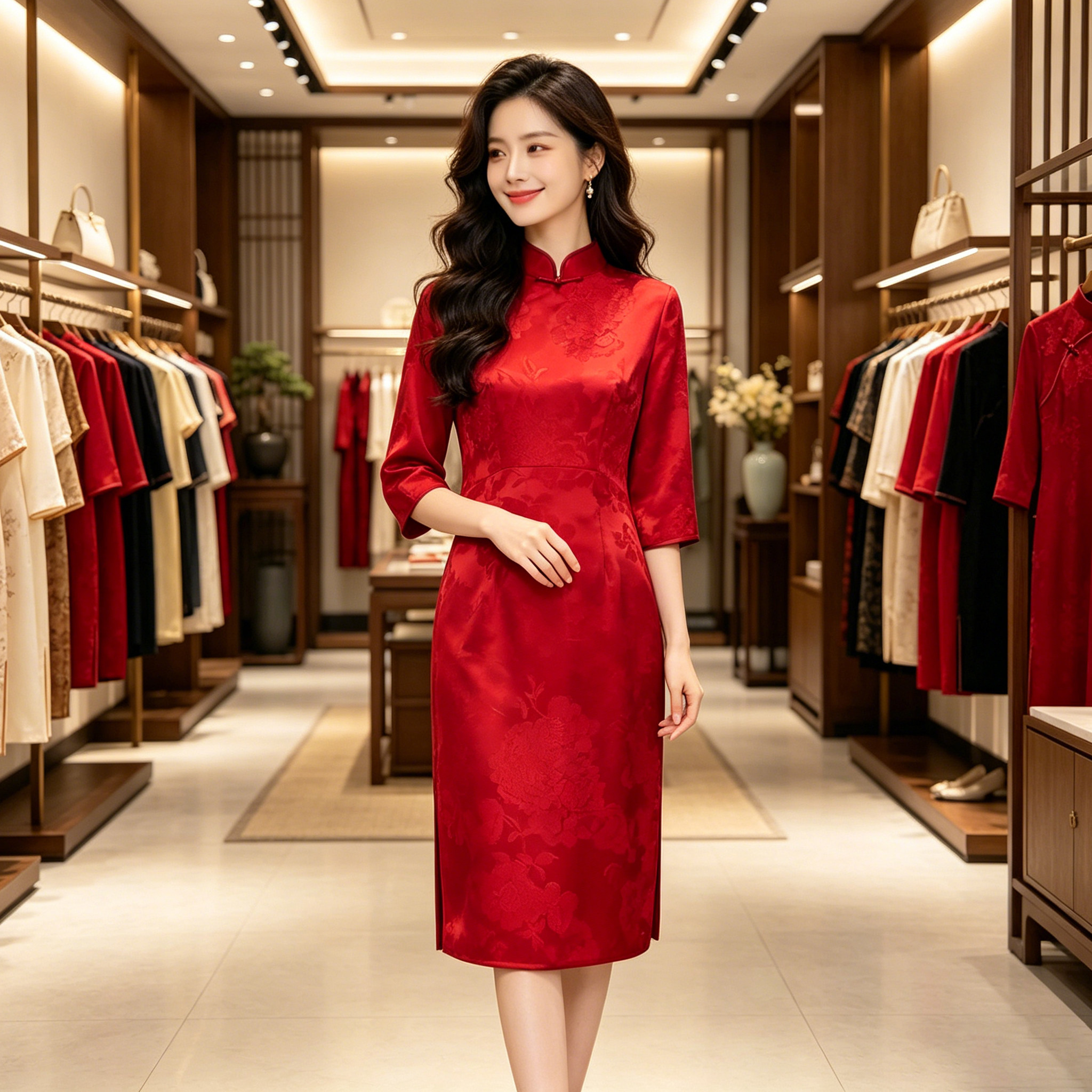 香薇姿新中式红色改良旗袍女夏中袖喜婆婆订婚婚宴礼服妈妈装高贵