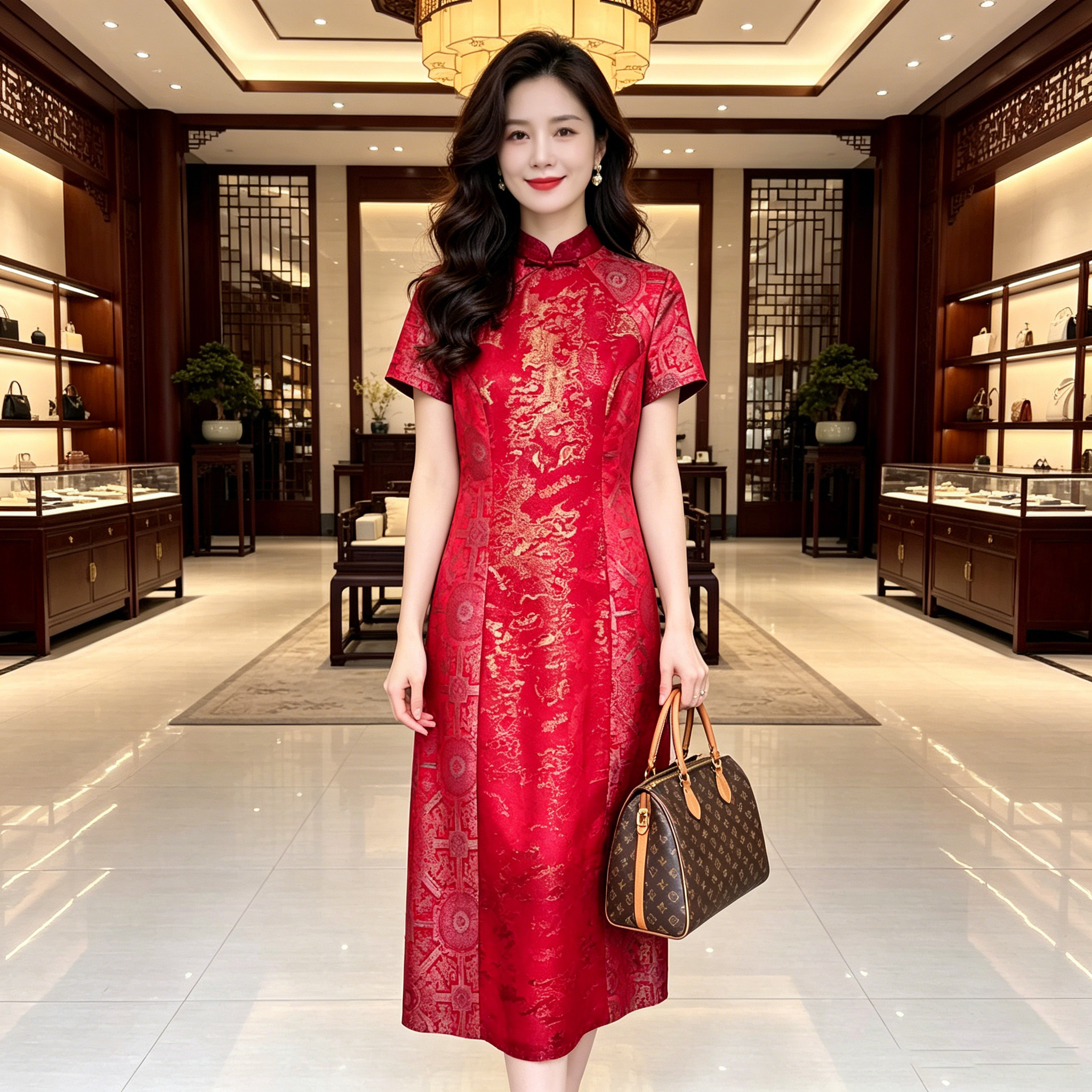 香薇姿夏季新中式红色短袖旗袍女喜婆婆敬酒服妈妈婚宴装订婚礼服
