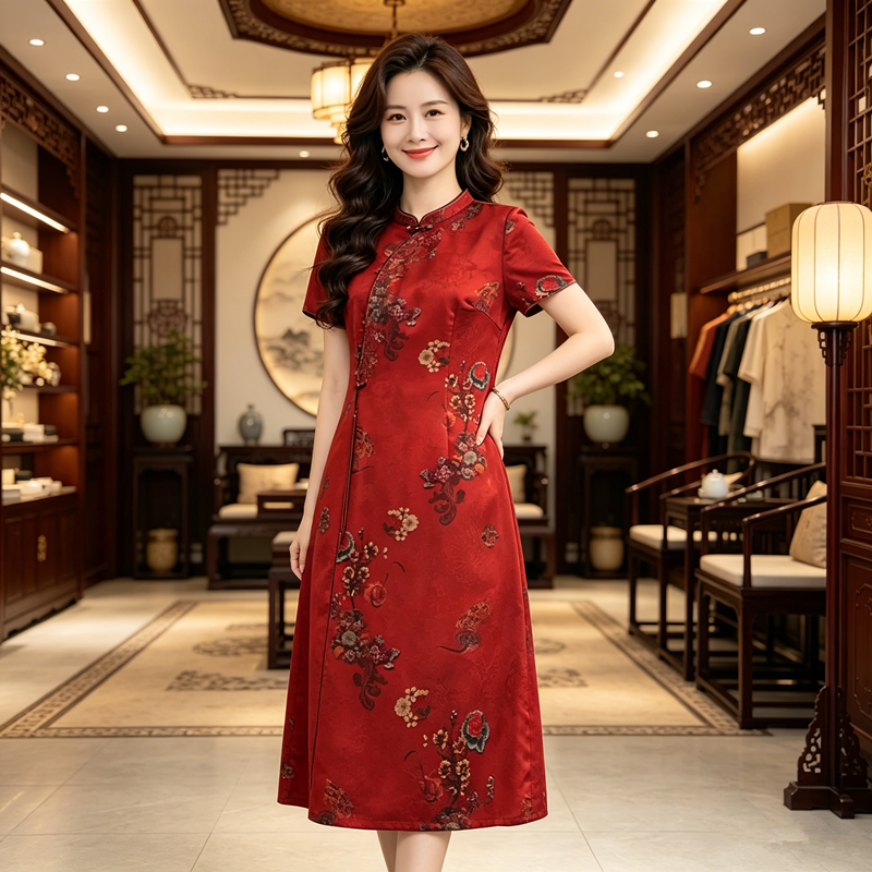 真丝香云纱妈妈婚宴装新中式连衣裙女夏季红色短袖喜婆婆婚宴礼服