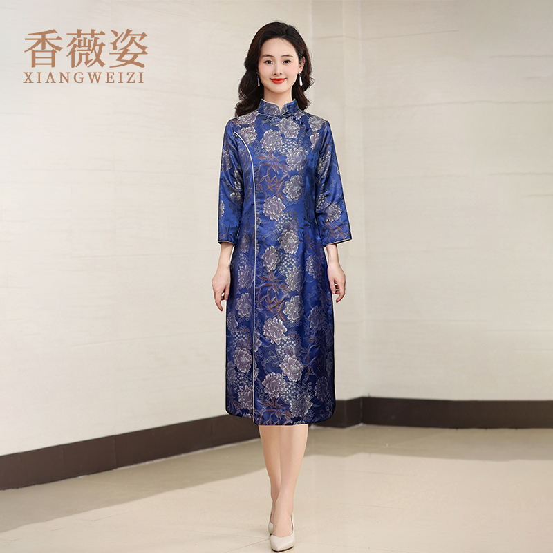 花色桑蚕丝新中式香薇姿旗袍裙