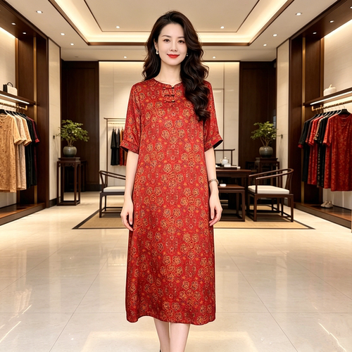 中式真丝香云纱连衣裙中年妈妈装