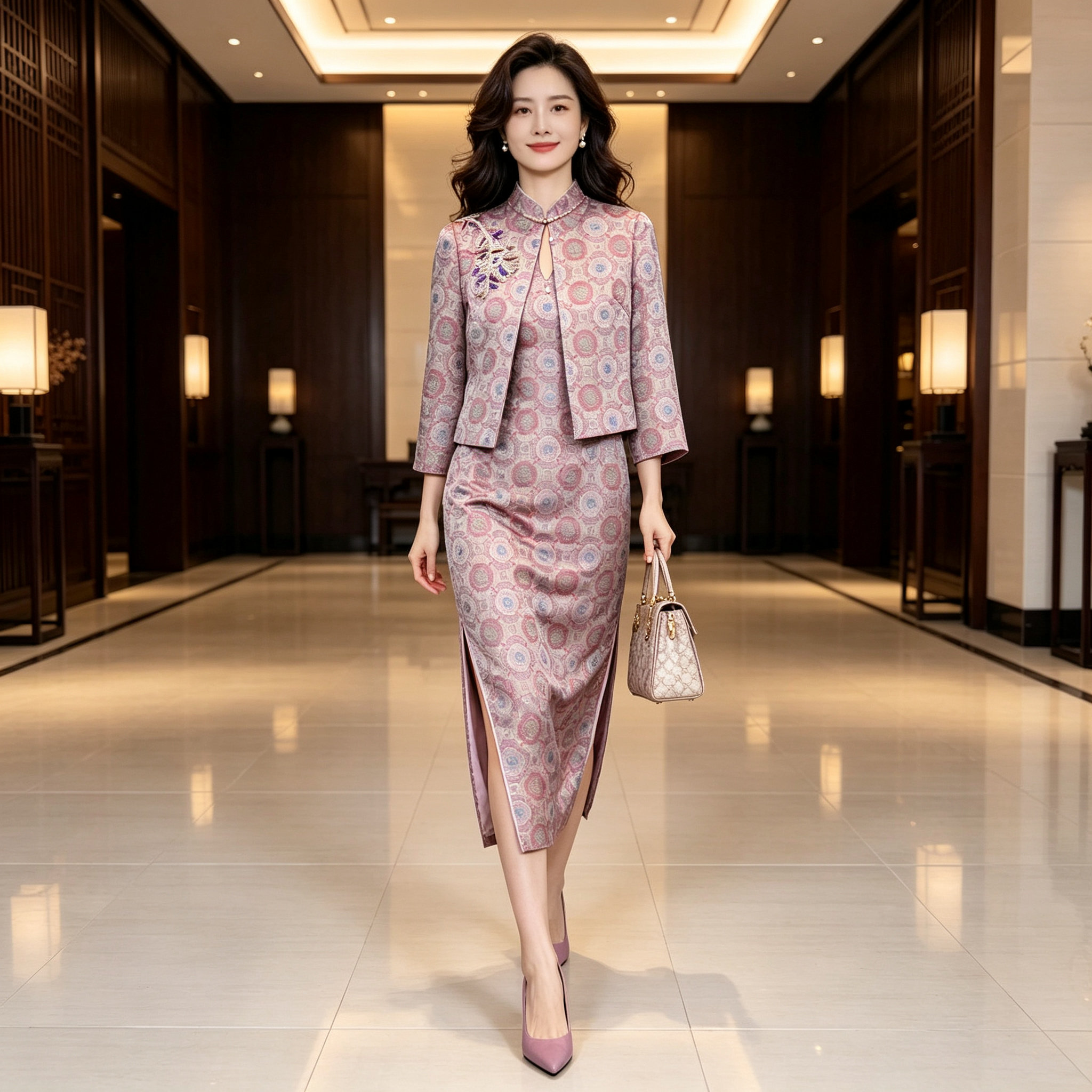 新中式立领印花婚宴婆婆礼服套装图片