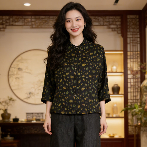 复古碎花宽松舒适妈妈夏季衬衫女