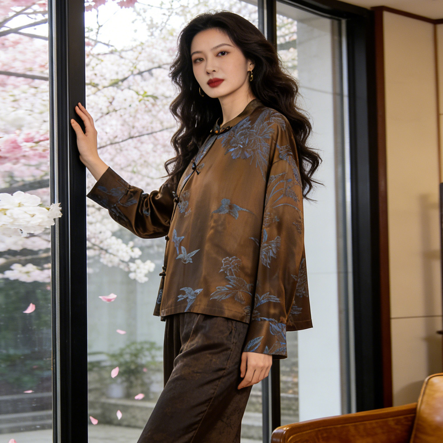 新中式印花真丝上衣女2026春季新款复古时尚早春丝绸长袖盘扣女装