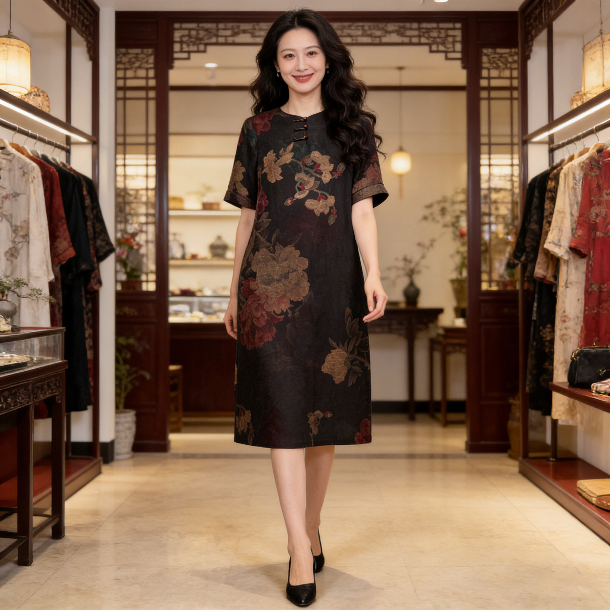 香薇姿真丝香云纱连衣裙女2026新款新中式真丝桑蚕丝宽松型妈妈装