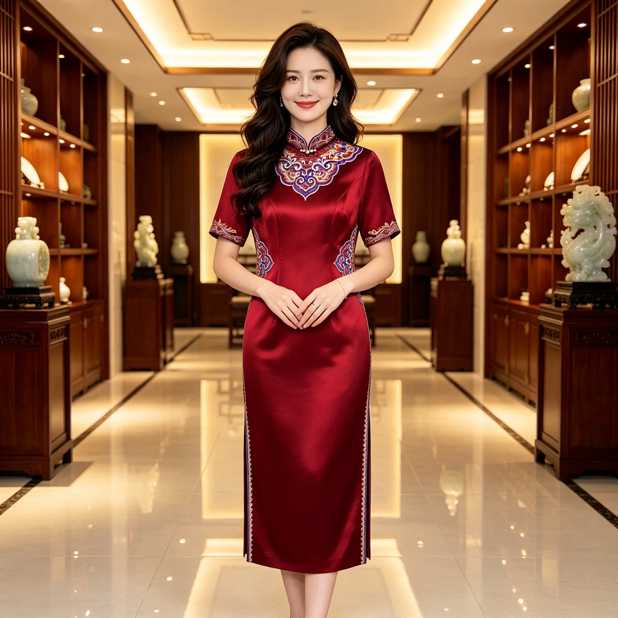 高端红色新中式立领旗袍妈妈婚宴