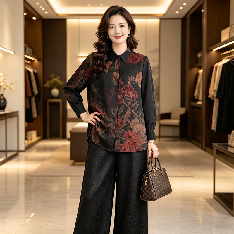 高端妈妈衬衫2026秋季女长袖大码女装显瘦真丝香云纱女士衬衣秋装