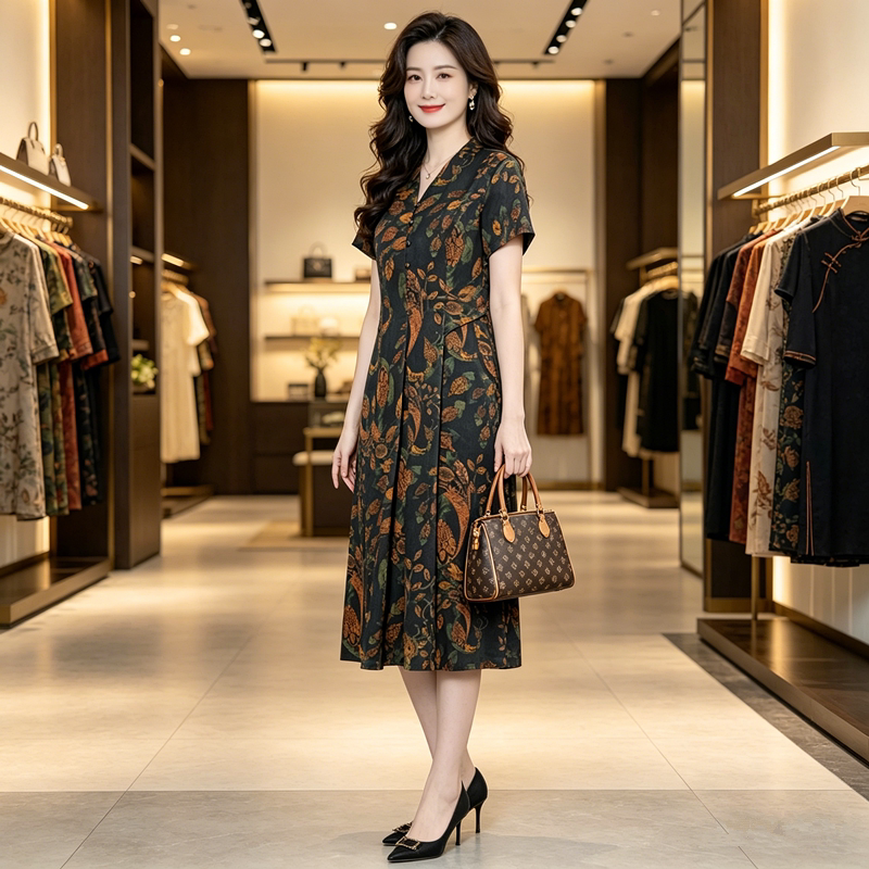 桑蚕丝香云纱连衣裙2026高端气质中年妈妈通勤复古真丝V领裙子女