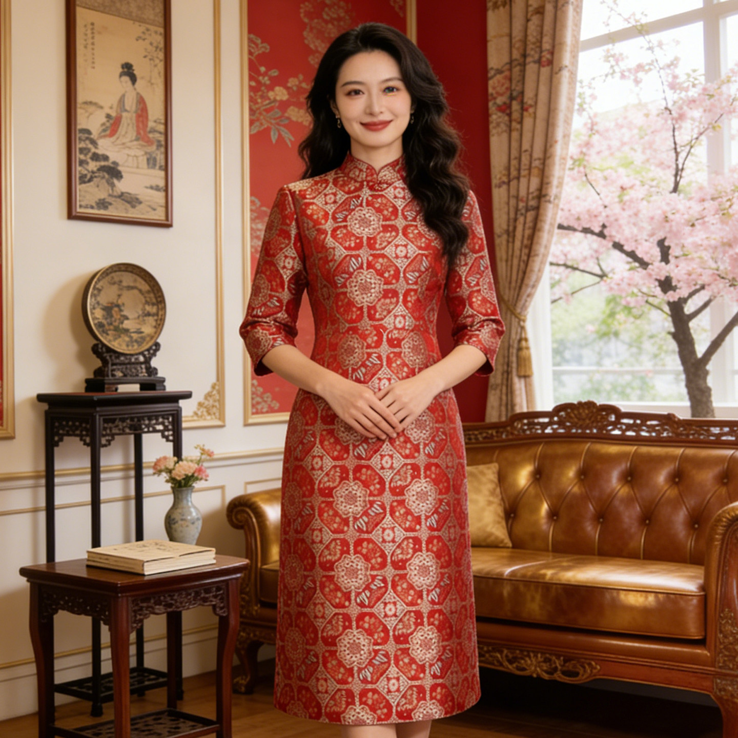 宋锦订婚礼服喜婆婆婚宴装2026妈妈旗袍裙轻奢高级感红色敬酒服女