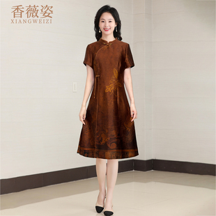 新款 裙子2025夏季 真絲香云紗連衣裙女寬松顯瘦氣質(zhì)媽媽桑蠶絲中式