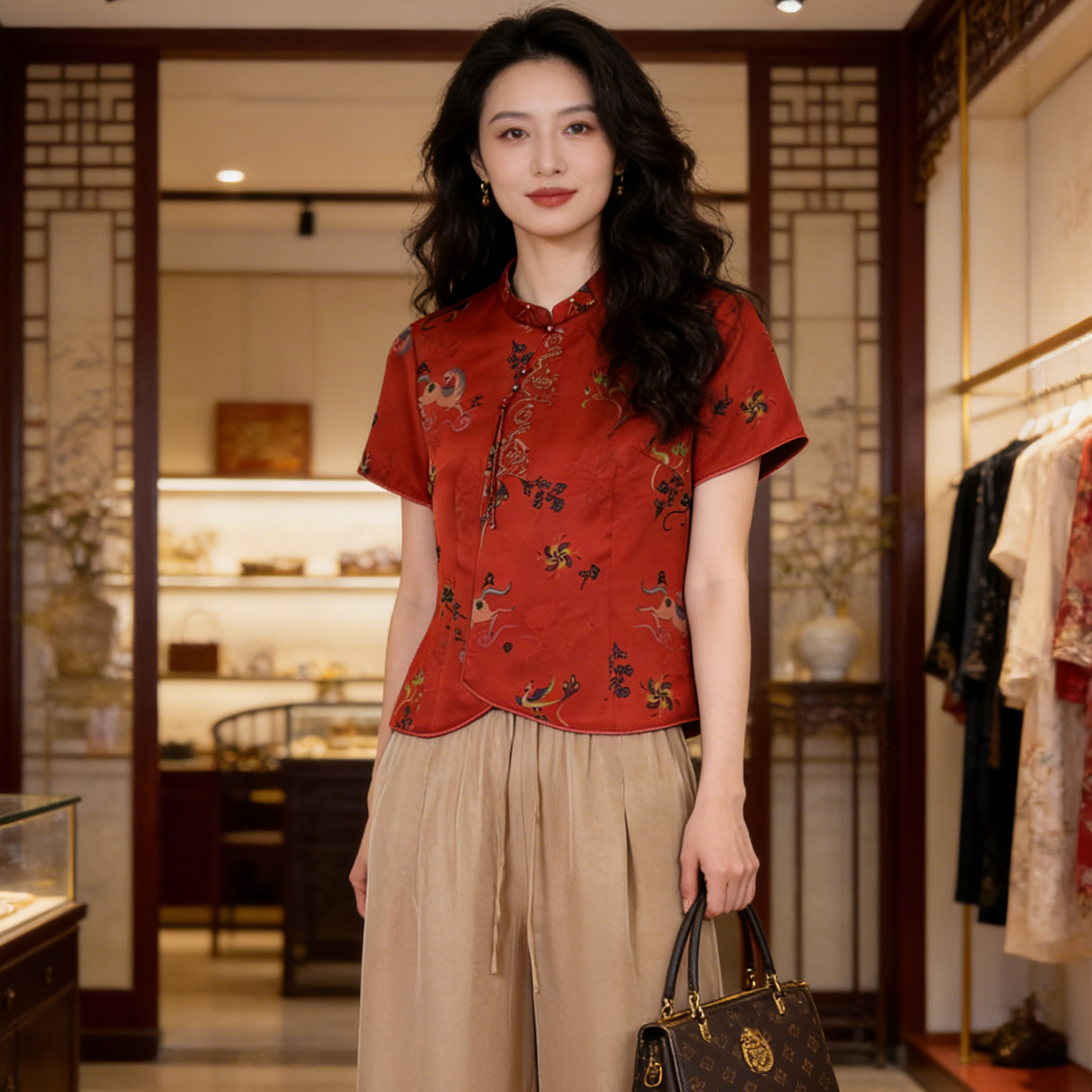 香薇姿中式真丝香云纱上衣女夏紫色短袖轻奢高级感夏季桑蚕丝小衫