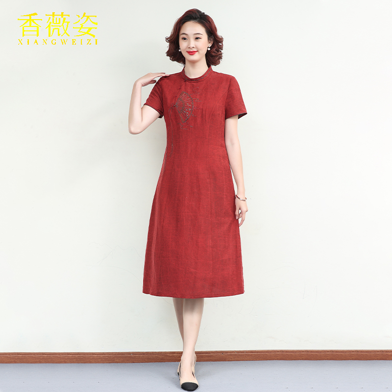桑蚕丝香云纱连衣裙女夏红色喜婆婆婚宴装夏季新中式妈妈婚宴旗袍
