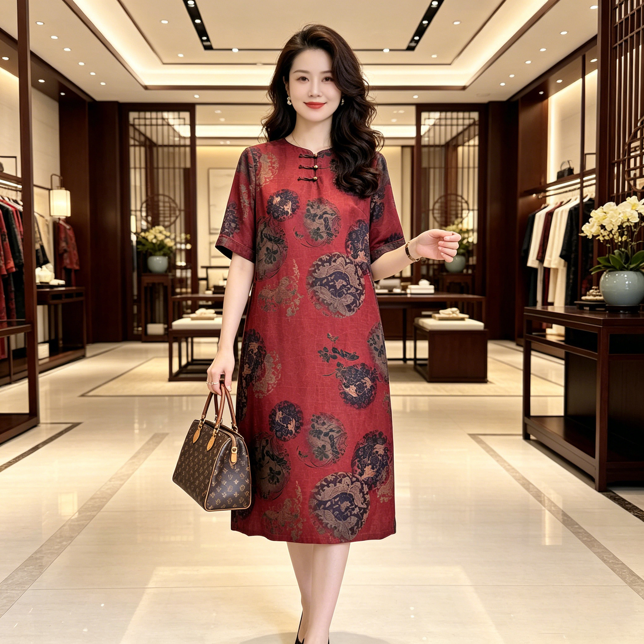 香薇姿新中式真丝香云纱连衣裙女红色盘扣婚宴宴会中年妈妈装裙子