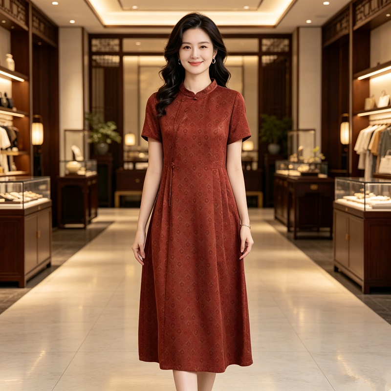 真丝香云纱连衣裙女夏短袖碎花旗袍妈妈婚宴装订婚礼服桑蚕丝裙子