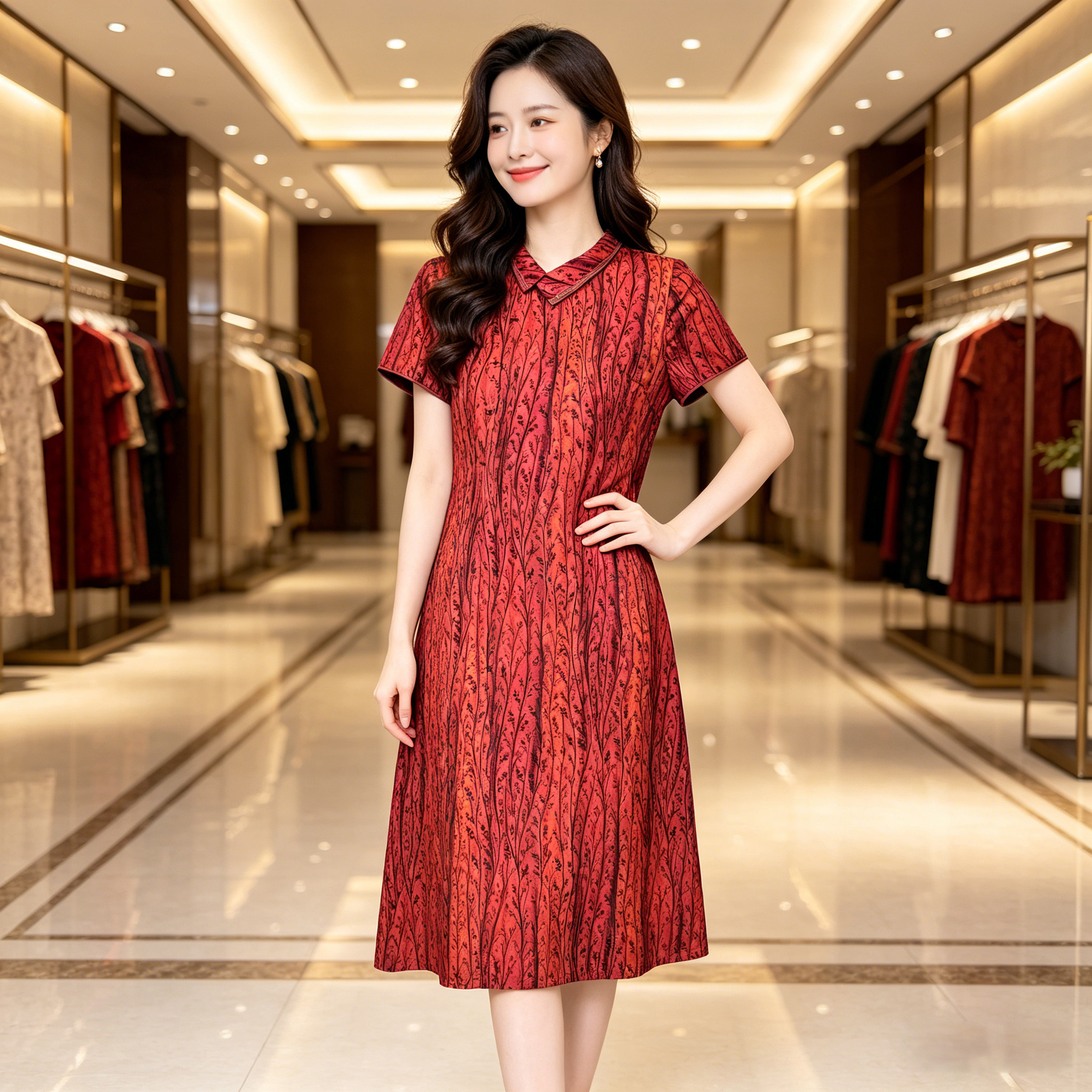香薇姿真丝香云纱连衣裙女翻领短袖A字裙气质轻奢红色桑蚕丝裙子