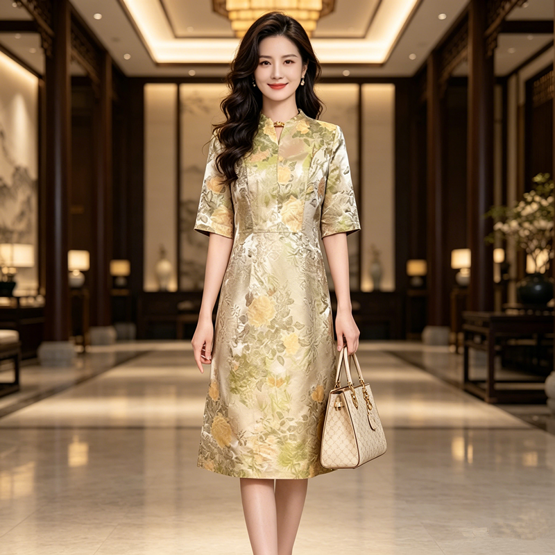 宋锦连衣裙女夏桑蚕丝喜婆婆婚宴装2026新款真丝妈妈婚宴订婚礼服