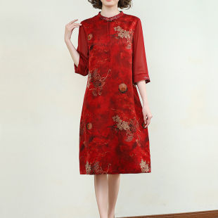 红色连衣裙2025新款 女真丝香云纱裙子质感高级感婚礼妈妈礼服夏季