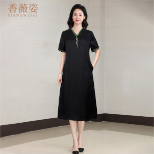 新款 裙子2025夏季 真絲香云紗連衣裙女黑色顯瘦氣質媽媽桑蠶絲短袖