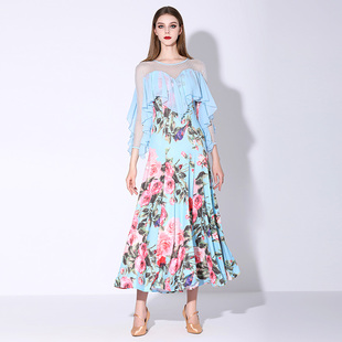 早春花卉！ 摩登舞服装MY877国标舞裙连衣裙印长袖荷叶交谊舞服装