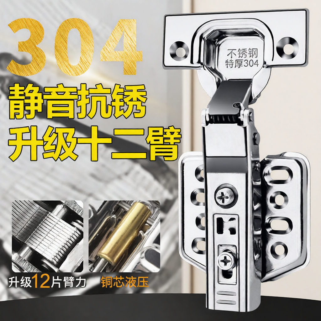 304不锈钢铰链阻尼缓冲橱柜门五金折叠中弯半盖六孔液压飞机合页