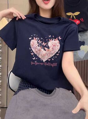 夏季爆款乌梅紫色正肩纯棉短袖T恤女装时尚百搭气质上衣