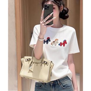 新款 T恤女2026春季 圆领百搭减龄上衣潮 简约小马刺绣短袖 韩系时尚