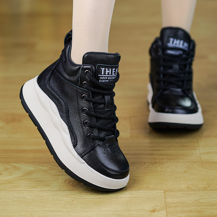 真皮高帮鞋女春秋新款头层牛皮厚底休闲鞋百搭系带运动鞋软底单鞋