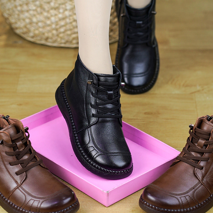 秋冬新款加绒保暖棉靴轻便舒适中老年妈妈鞋全牛皮女牛筋软底短靴,女鞋,时装靴,淘宝优惠券,粉丝福利购,淘宝优惠卷