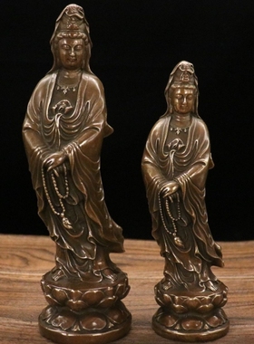黄铜观世音菩萨拿念珠占像佛像摆件复古莲花座观音菩萨铜像