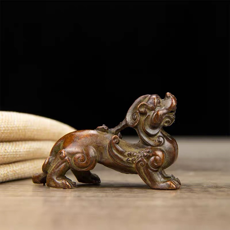 古玩铜器收藏瑞兽貔貅摆件实心独角兽茶宠茶玩茶道茶艺装饰摆件