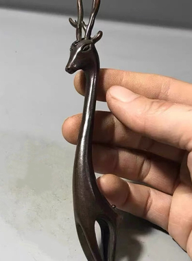 古玩杂项小鹿壶插挑壶盖实心雕件紫铜包浆小麋鹿头叉茶道茶具摆件