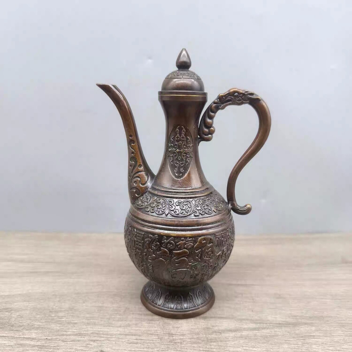 古玩铜器收藏仿古纯铜百福酒壶高酒壶藏经纸皮色客厅玄关摆设铜壶