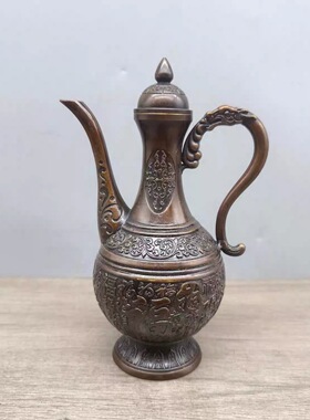古玩铜器收藏仿古纯铜百福酒壶高酒壶藏经纸皮色客厅玄关摆设铜壶