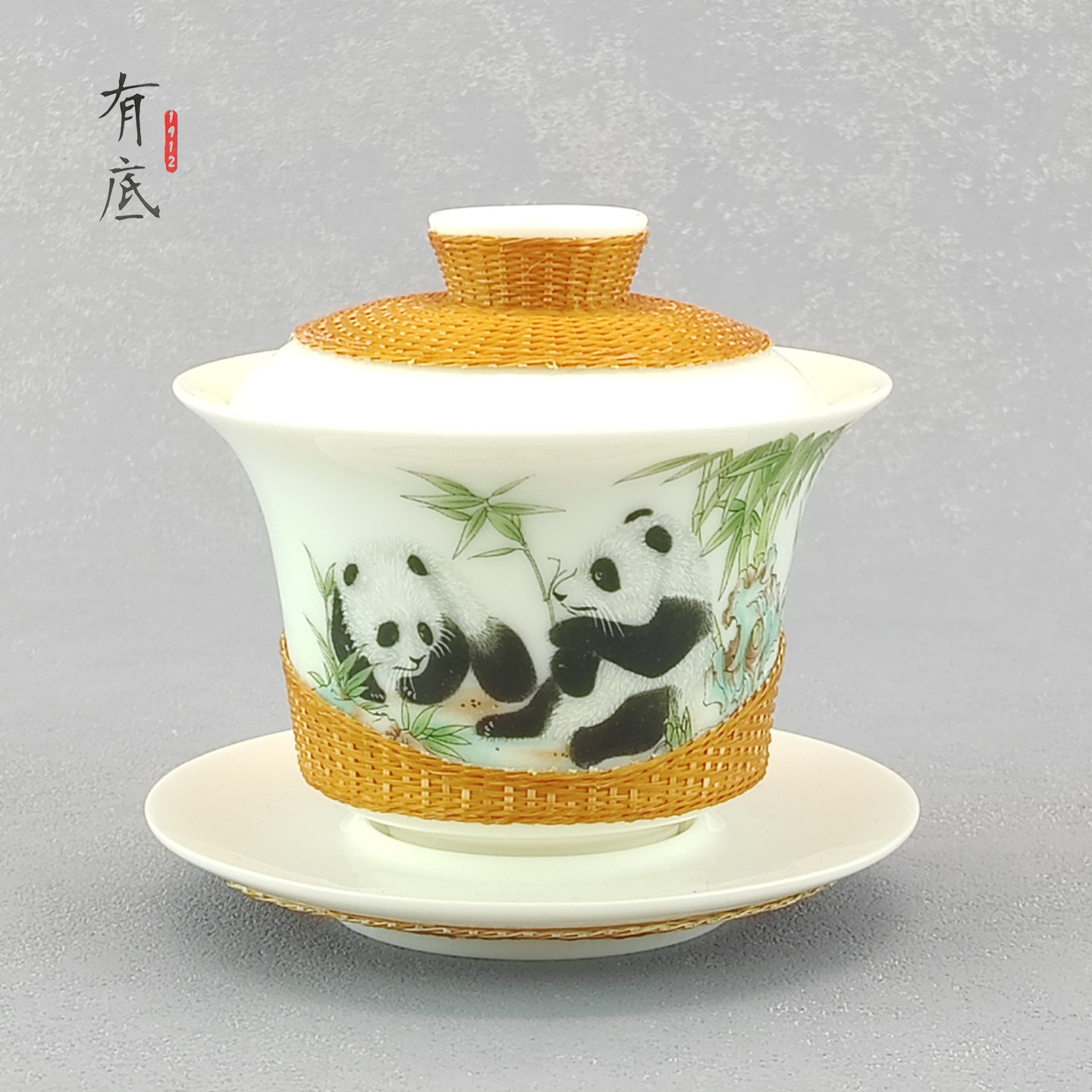 非遗手工竹编熊猫图案茶盖碗复古茶具编织工艺品商务送礼送外国人