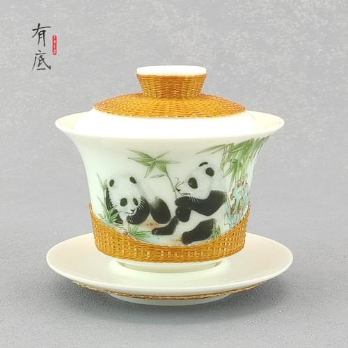 非遗手工竹编熊猫图案茶盖碗复古茶具编织工艺品商务送礼送外国人