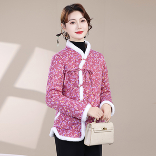 中国风碎花棉衣女冬季盘扣加绒加厚民族风棉服外套妈妈装棉袄复古
