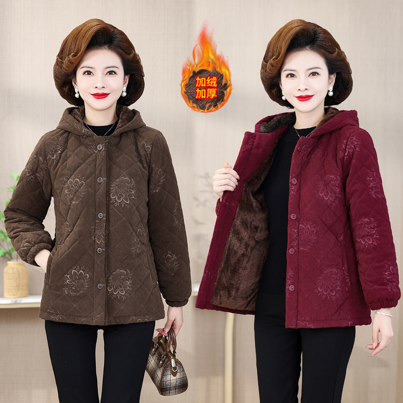 灯芯绒纯色棉服妈妈装中年