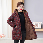棉服保暖妈妈装 中老年女装 加绒加厚碎花连帽中长款 外套老太太棉衣