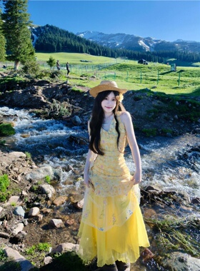 川西新疆草原旅游度假穿搭女夏季明媚黄色碎花吊带裙叠穿一整套装